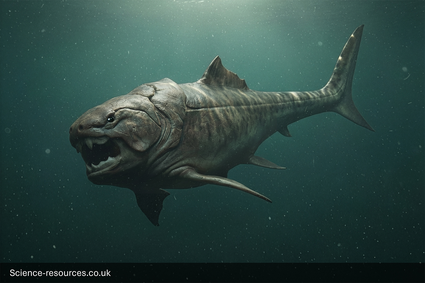 A photorealistic computer-generated image of a prehistoric marine reptile, an Ichthyosaurus, swimming just below the surface of the ocean. The creature has a sleek, dolphin-like body with a prominent dorsal fin, large tail fluke, and a long, narrow snout with many sharp teeth. Its skin is patterned with dark grey stripes over a lighter grey base. Bright rays of sunlight penetrate the water from the surface above.
