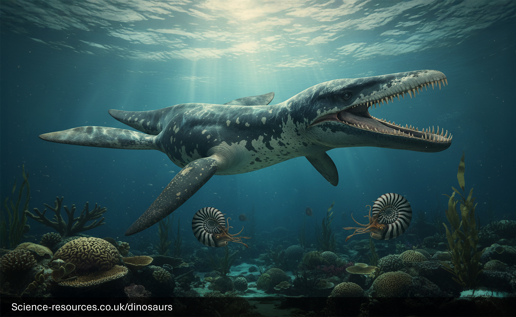 A menacing, photorealistic computer-generated image of a striped marine reptile, Liopleurodon, swimming just below the sunlit ocean surface. The Liopleurodon has a large, blunt head with a powerful jaw wide open, revealing numerous sharp teeth. Its body is dark grey with prominent white and black blotches running along its length. It has four large, paddle-like fins and is swimming over a dark seabed surrounded by Ammonites.