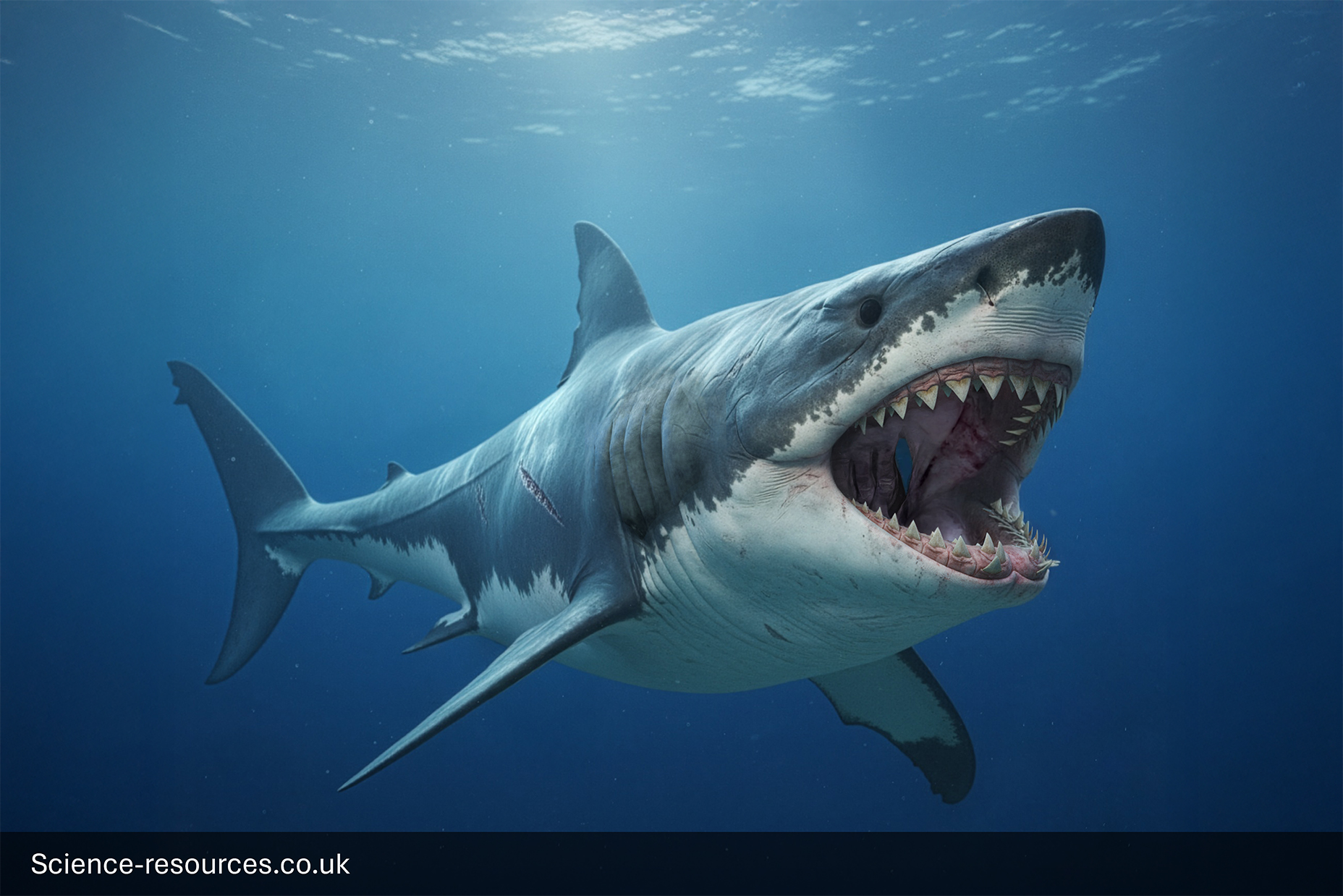 A menacing, photorealistic computer-generated image of a massive Megalodon swimming in the open ocean. The shark is viewed from below and slightly to the side, with its mouth wide open, revealing huge, serrated teeth. It has a powerful, robust body with various scars and is swimming near a dark coral reef. Dappled sunlight filters down from the surface above.