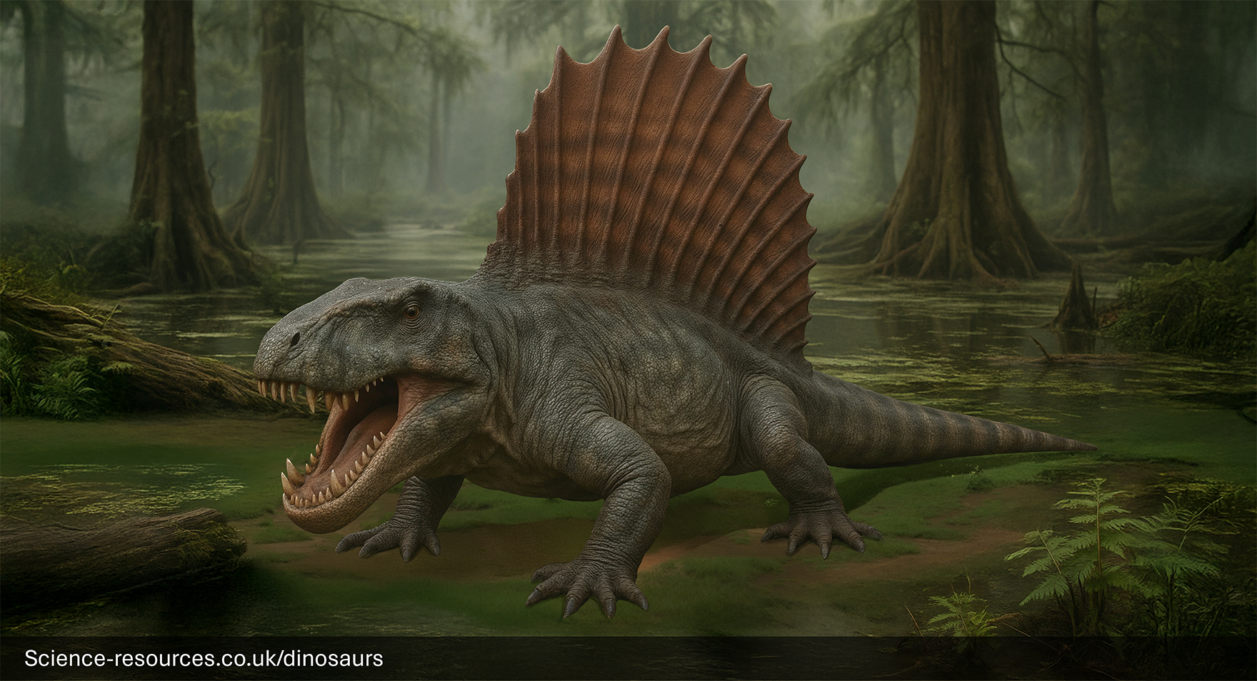 A menacing, photorealistic computer-generated image of the prehistoric synapsid, Dimetrodon, standing in a swampy, forested environment. The creature is dark gray-green with its mouth wide open, revealing sharp teeth, and its most prominent feature is the large, reddish-brown neural sail running along its back. It is standing on mossy ground with murky water and large, exposed tree roots in the background.