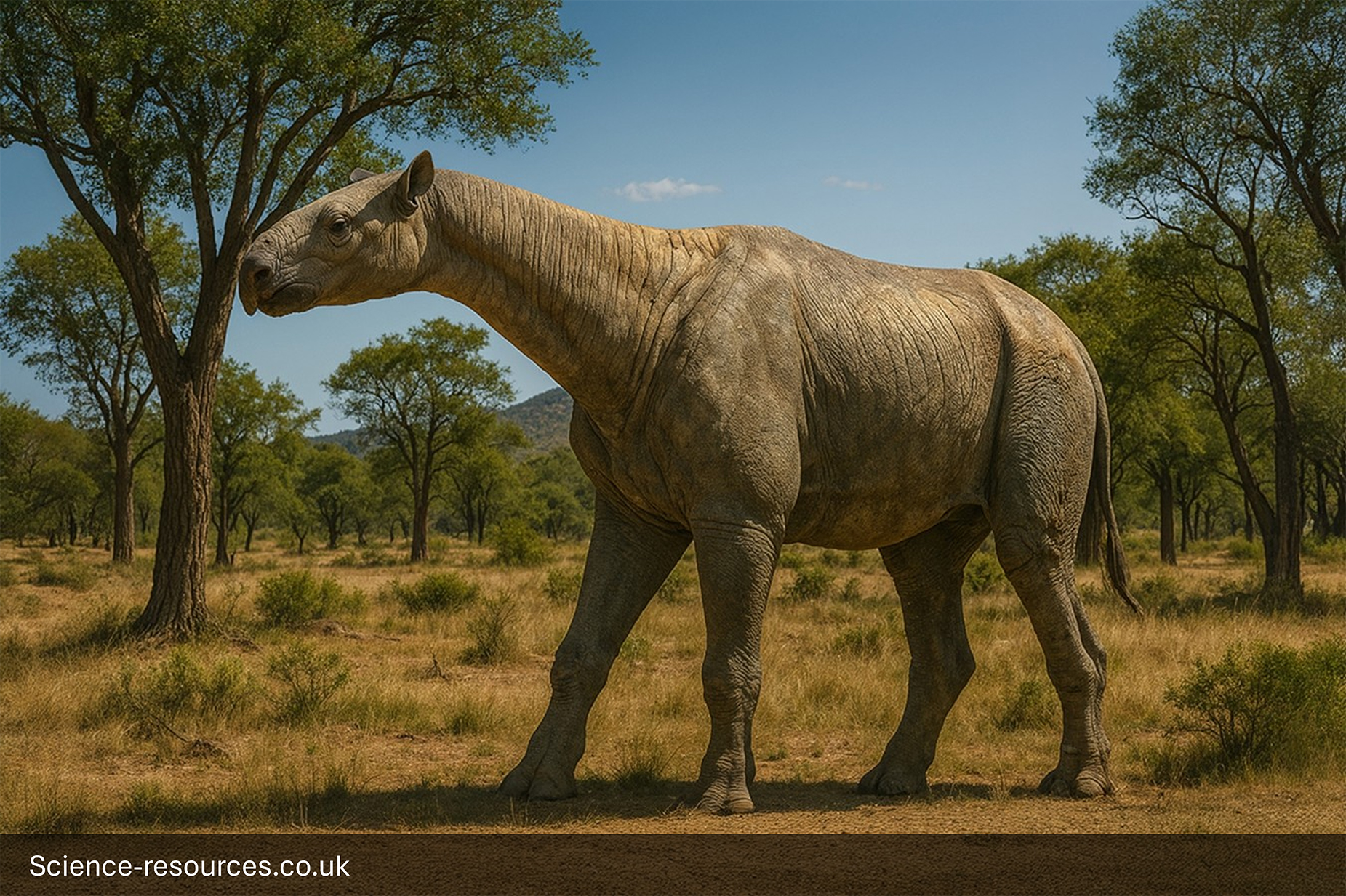 A photorealistic computer-generated image of a massive Paraceratherium (also known as Indricothere), the largest known land mammal, standing in a sunny, prehistoric savanna. The rhino-like animal is pale tan or gray, with a long neck and pillar-like legs, and is shown in profile. The background is a grassy plain with scattered Acacia-like trees and brush, leading to low hills in the distance under a bright blue sky.