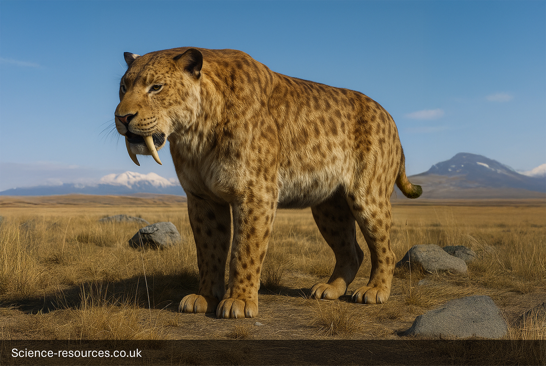 A photorealistic computer-generated image of a Smilodon (Saber-toothed Cat) walking across a vast, grassy plain under a clear blue sky. The powerful prehistoric cat has light brown fur covered in dark spots, a stocky build, and its distinctive long, protruding canine teeth are clearly visible. The background features rolling tundra or savanna with scattered rocks, and a large, snow-capped volcano or mountain peak in the distance.